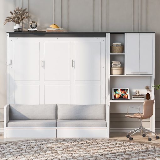 Multi-Functional Murphy Bed with Sofa, Desk, and Storage Cabinet, Queen Size