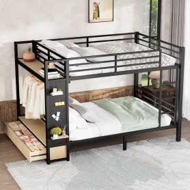 Metal Queen over Queen Size Bunk Bed with Storage Shelves, Drawers and Pegboard
