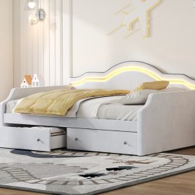 Full Size Upholstered Daybed with LED and 2 Drawers