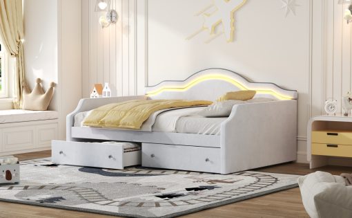 Full Size Upholstered Daybed with LED and 2 Drawers