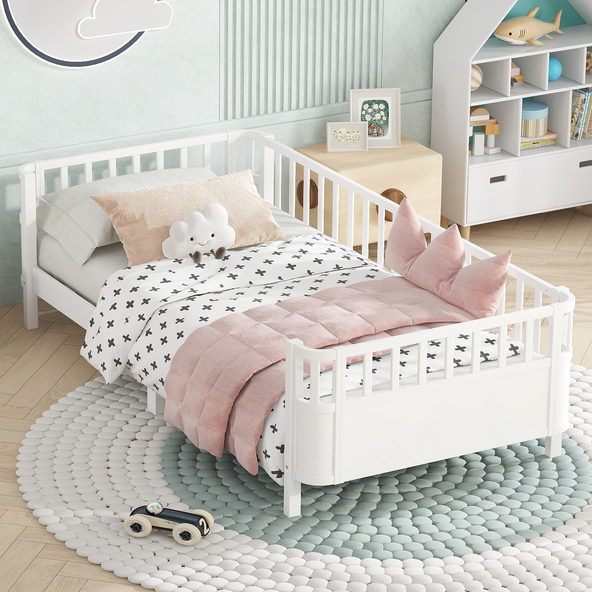 Twin XL Size Wood Platform Bed with Safety Guardrails And Detachable Fence