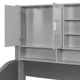 Twin Size Upholstered Daybed with LED Armrest Lights, Storage Shelves & Cabinets