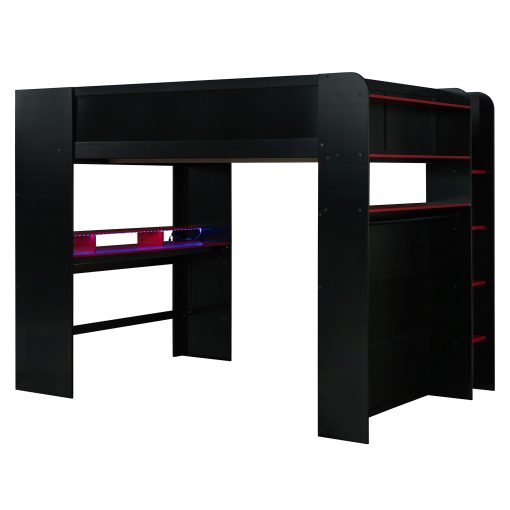 Full Size Wood Bunk Bed with height-adjustable Desk,Wardrobe,Ample Storage Space,and RGB Light