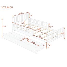 Twin Size Wood Platform Bed With Guardrails On Both Sides and Two Storage Drawers