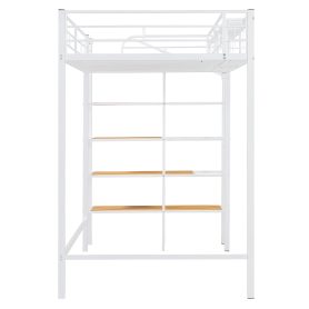 Twin Size Metal Loft Bed with Upper Grid Storage Shelf and Lateral Storage Ladder