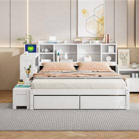 Full Size Wooden Platform Bed With Multi-functional Storage Space, Nightstand, 2 Drawers, Usb Ports And Desk