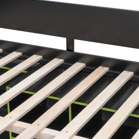 Full Size Wood Loft Bed with Desk, Open Wardrobe, Storage Compartments and RGB Lights