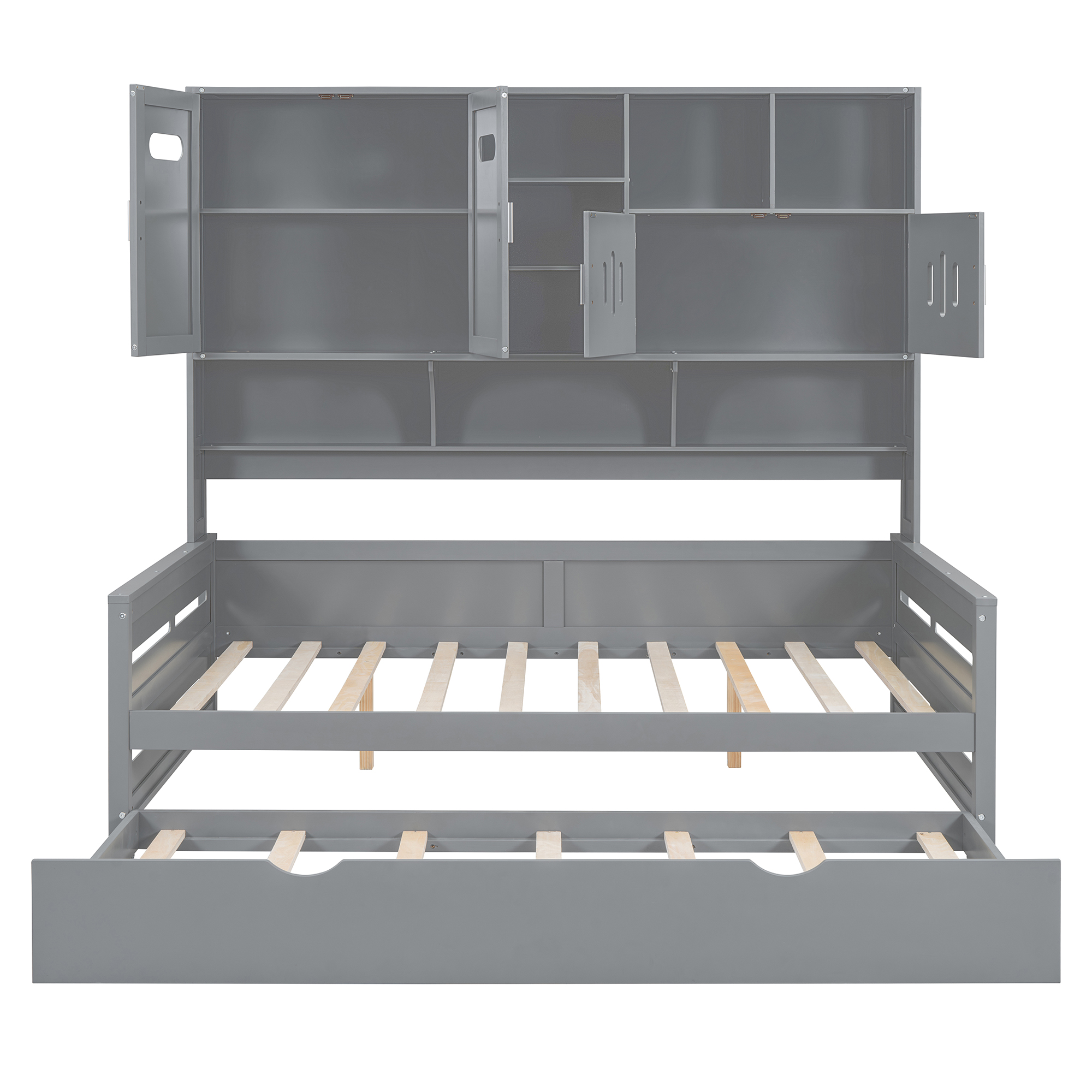 Full Size Wooden Daybed With Twin Size Trundle, and All-in-One Cabinet and Shelf 8 Full Size Wooden Daybed With Twin Size Trundle, and All-in-One Cabinet and Shelf