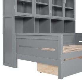 Twin Size Wooden Daybed With Glass-door Storage Cabinets, Built-in LED Lighting And Shelves