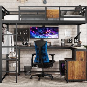 Metal Queen Loft Bed With Desk, Storage Non-woven Fabric Drawers, Ladders