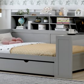 Wooden Full Size Daybed With Storage Shelves, Twin Size Trundle Bed and  Study Desk