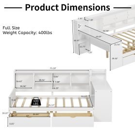 Full Size Wooden L-Shape Daybed with Seven Storage Cabinets and Two Storage Drawers 33 Wooden L-Shape Full Daybed Frame with Study Desk and Built-in Bookshelf