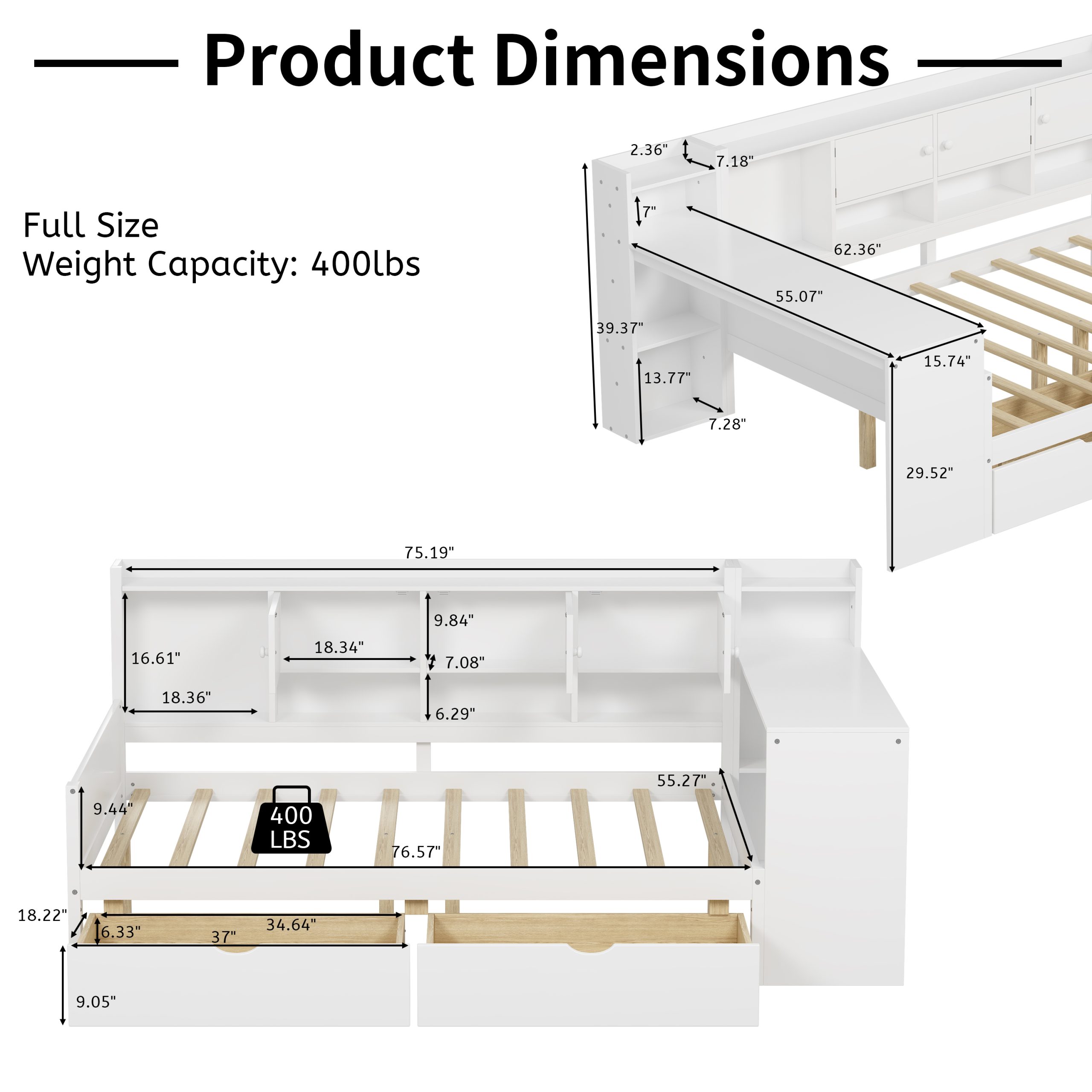 Full Size Wooden L-Shape Daybed with Seven Storage Cabinets and Two Storage Drawers 17 Wooden L-Shape Full Daybed Frame with Study Desk and Built-in Bookshelf