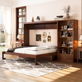 Queen Size Murphy Bed with Height Adjustable Storage Compartments and Shelf