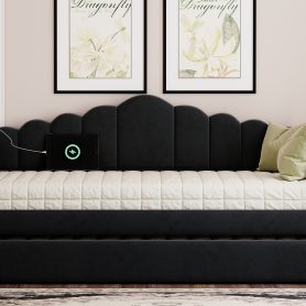 Twin Size Upholstered Daybed With Trundle , USB Charging Ports