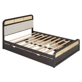 Queen Size Wooden Platform Bed With Trundle And 2 Drawers