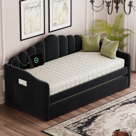 Twin Size Upholstered Daybed With Trundle , USB Charging Ports
