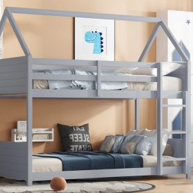 Rubber Wood Twin Over Twin House Floor Bunk Bed With Headboards, Footboards, Guardrails And Ladder 26 Rubber Wood Twin Over Twin House Floor Bunk Bed With Headboards, Footboards, Guardrails And Ladder