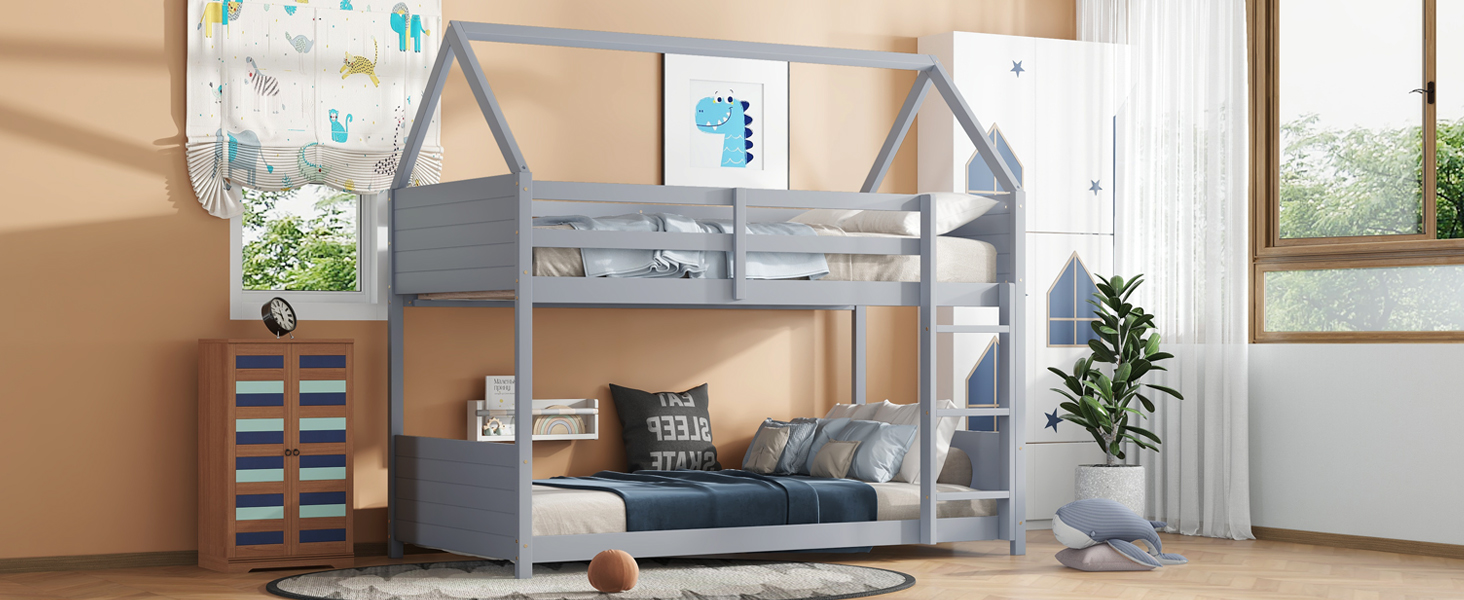 Rubber Wood Twin Over Twin House Floor Bunk Bed With Headboards, Footboards, Guardrails And Ladder 8 Rubber Wood Twin Over Twin House Floor Bunk Bed With Headboards, Footboards, Guardrails And Ladder