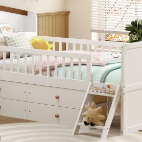 Twin Bed Frame With Storage 4 Drawers, Guardrail Headboard And Ladder