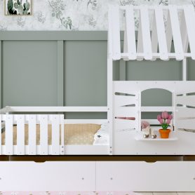 Twin Size House Bed With 2 Storage Drawers and Guardrails
