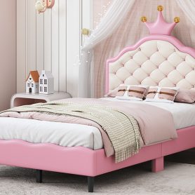 Twin Size  Lovely Crown Fantasy PU Leather Princess Bed With Tufted Headboard