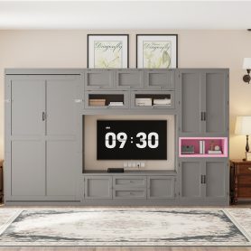 Twin Size Wooden Murphy Bed with TV Stand, 2 Drawers, Shelves, and Cabinets