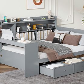Full Size Wooden Daybed With 3 Drawers, USB Ports and Desk