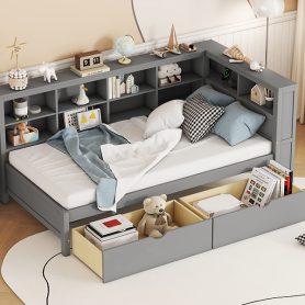 Wooden Twin Size Daybed With 2 Drawers, Storage Shelf And USB Charging Port 35 Wooden Twin Size Daybed With 2 Drawers, Storage Shelf And USB Charging Port