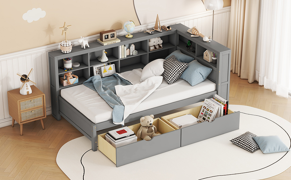 Wooden Twin Size Daybed With 2 Drawers, Storage Shelf And USB Charging Port 18 Wooden Twin Size Daybed With 2 Drawers, Storage Shelf And USB Charging Port