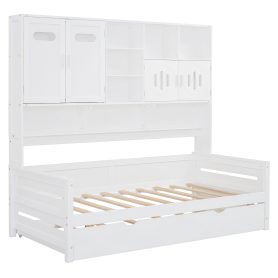 Twin Size Wooden Daybed With Twin Size Trundle, and All-in-One Cabinet and Shelf