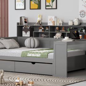 Wooden Full Size Daybed With Storage Shelves, Two Storage Drawers and Study Desk