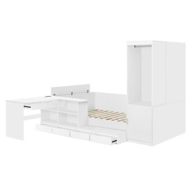 Full Size Wooden Platform Bed With 6 Drawers, Shelves, Desk And Wardrobe