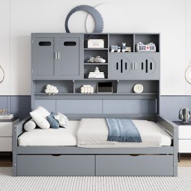 Full Size Wooden Daybed With 2 Drawers, and All-in-One Cabinet and Shelf