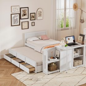 Twin Size Multifunctional Wood Platform Bed With Desk and Storage Shelf At The End Of The Bed, Built-in Trundle and 3 Drawers