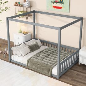 Full Size Canopy Frame Rubber Wood Floor Bed with Fence and Guardrails