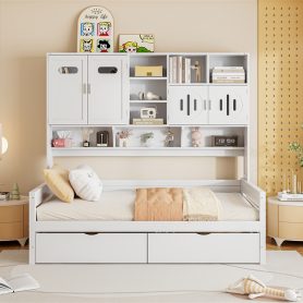 Twin Size Wooden Daybed With 2 Drawers, and All-in-One Cabinet and Shelf 47 Twin Size Wooden Daybed With 2 Drawers, and All-in-One Cabinet and Shelf