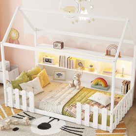 Wood Twin Size House Bed With LED Light, Storage Bookshelf, and Guardrails