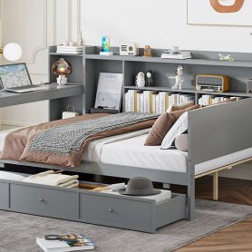 Full Size Wooden Daybed With 3 Drawers, USB Ports and Desk