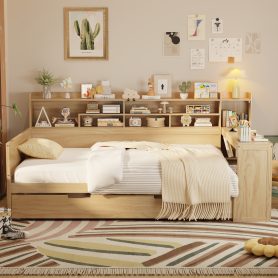 Wooden Full Size Daybed With Storage Shelves, Trundle Bed And  Study Desk