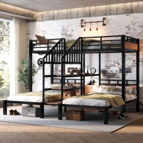 Triple Metal Twin Over Twin Over Twin Bunk Bed With Storage Shelves And Storage Stairs