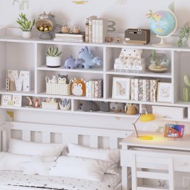 Twin Size Multifunctional Wood Platform Bed With Bookshelf At The Head Of The Bed, Built-in Desk and Matching Chair