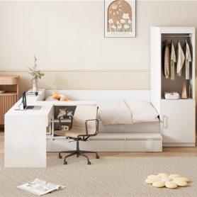 Full Size Wooden Platform Bed With 6 Drawers, Shelves, Desk And Wardrobe