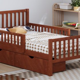 Twin Size Wood Platform Bed With Guardrails On Both Sides and Two Storage Drawers