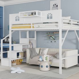 Metal Queen Loft Bed With High And House Shaped Guardrails