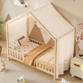 Twin Size Montessori Floor Bed With Canopy and High Railings