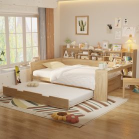 Wooden Full Size Daybed With Storage Shelves, Trundle Bed And  Study Desk