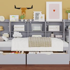 Wooden L-Shape Twin Daybed Frame with Study Desk and Built-in Bookshelf