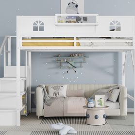 Metal Queen Loft Bed With High And House Shaped Guardrails