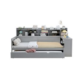 Wooden Full Size Daybed With Storage Shelves, Twin Size Trundle Bed and  Study Desk